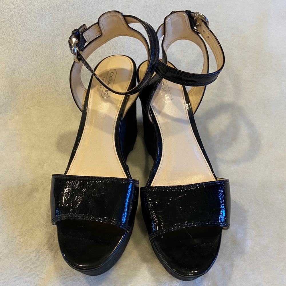 Coach Black Leather Open-toe Wedge Heels; Sz. 8
